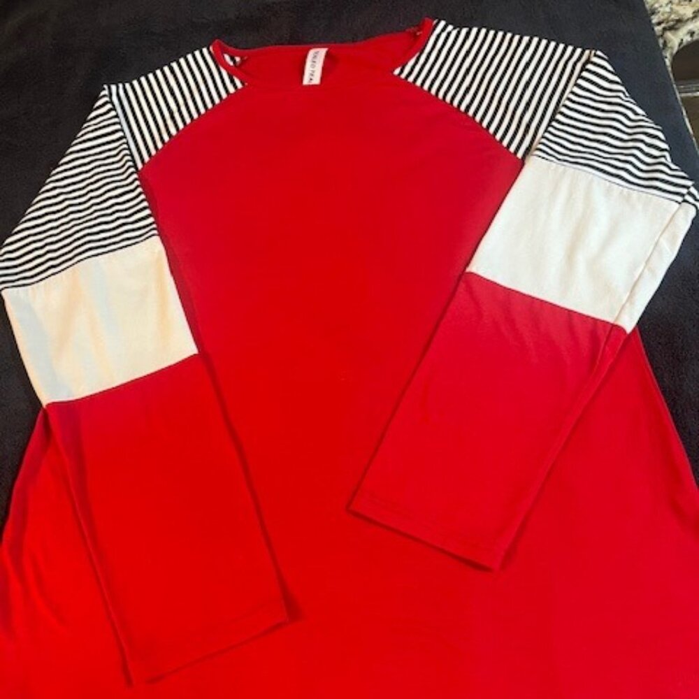 Tickled Teal Top, XL, LS, Red, Black, and White